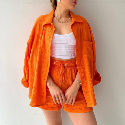 Ensemble chic et confortable – chemise col à revers + short ajustable