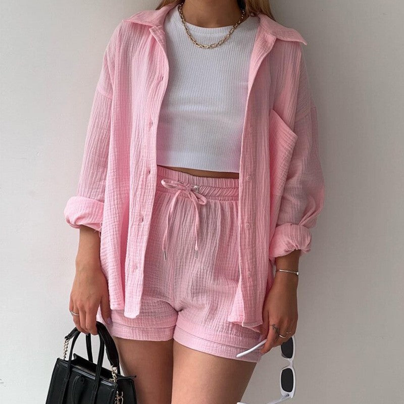 Ensemble chic et confortable – chemise col à revers + short ajustable