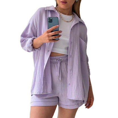 Ensemble chic et confortable – chemise col à revers + short ajustable