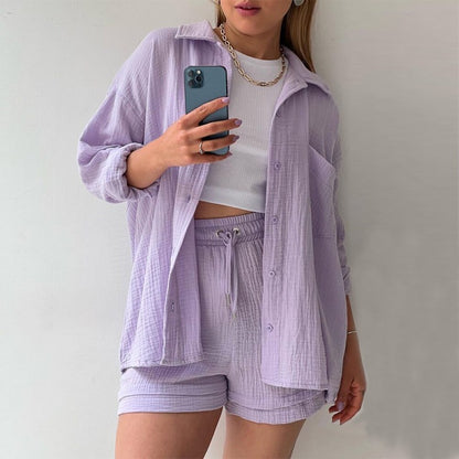 Ensemble chic et confortable – chemise col à revers + short ajustable