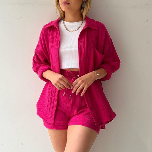 Ensemble chic et confortable – chemise col à revers + short ajustable