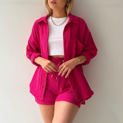 Ensemble chic et confortable – chemise col à revers + short ajustable